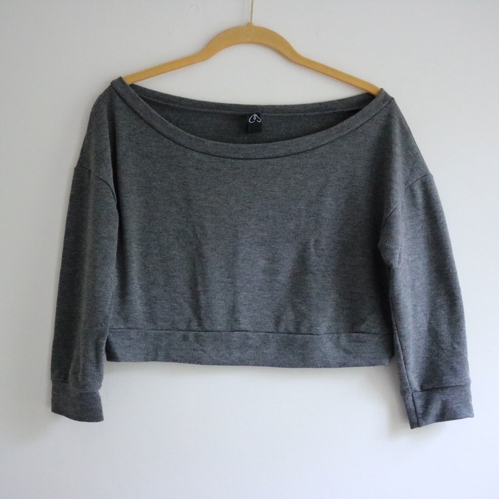 Grey Boat Neck Drop Shoulder Cropped Long Sleeve Sweater